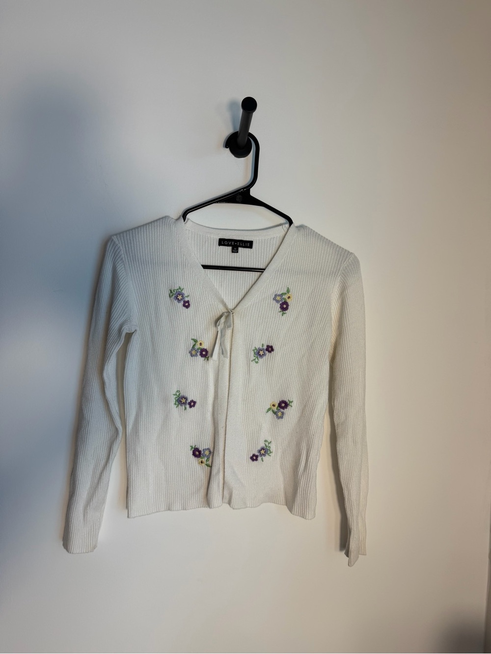 Love Ellie White V-Neck Ribbed Sweater with Purple & Yellow Floral Embroidery